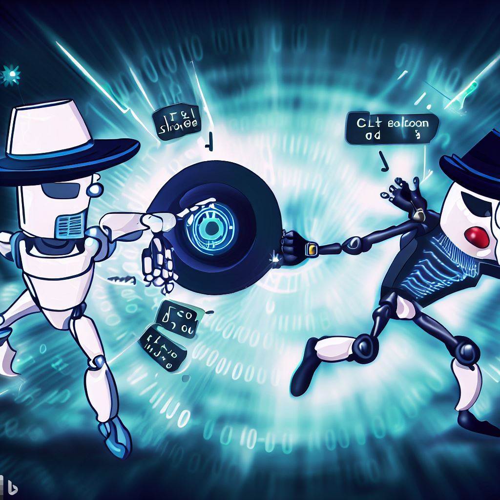 A white hat robot fighting a black hat robot