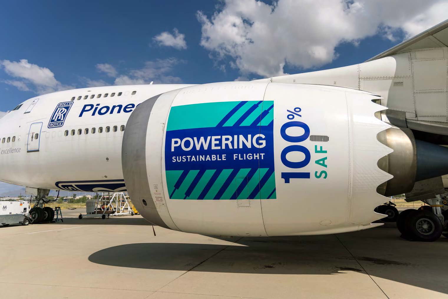 Rolls-Royce Trent-1000 engine operating with 100% SAF on a Boeing 747-200 Flying Test Bed.