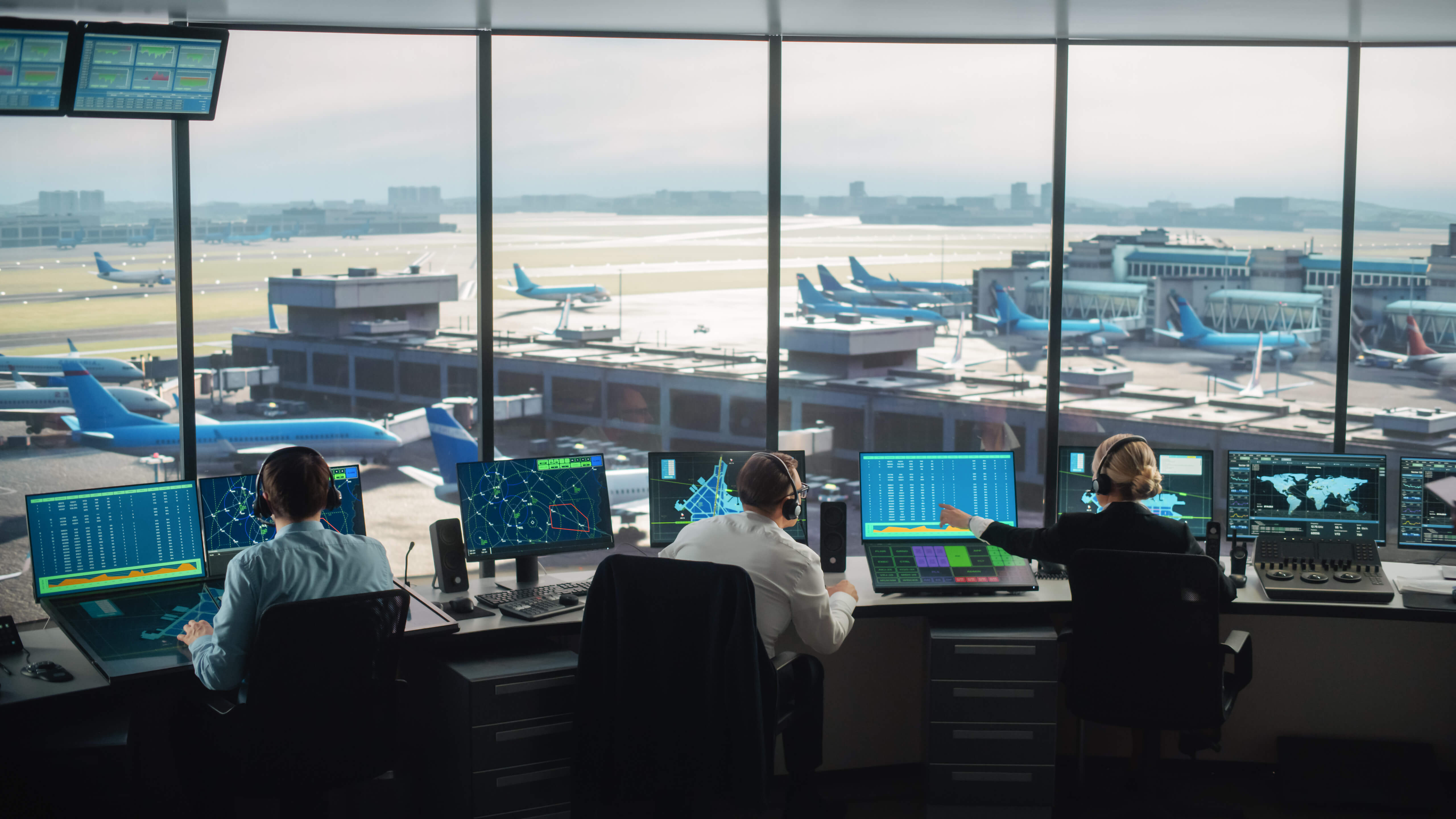 Air Traffic Control Team Working in an Airport Tower
