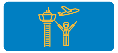 ikon med et kontroltårn i en lufthavn, en mand med udstrakte arme og et fly ovenover