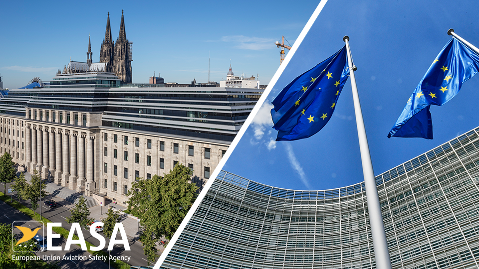 EASAn päätoimipaikka vasemmalla ja Euroopan komission päätoimipaikka oikealla