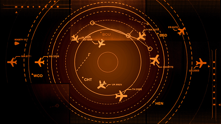 Pantalla en la que se muestran varios iconos de aeronaves y lugares que ilustran el concepto de gestión del tráfico aéreo