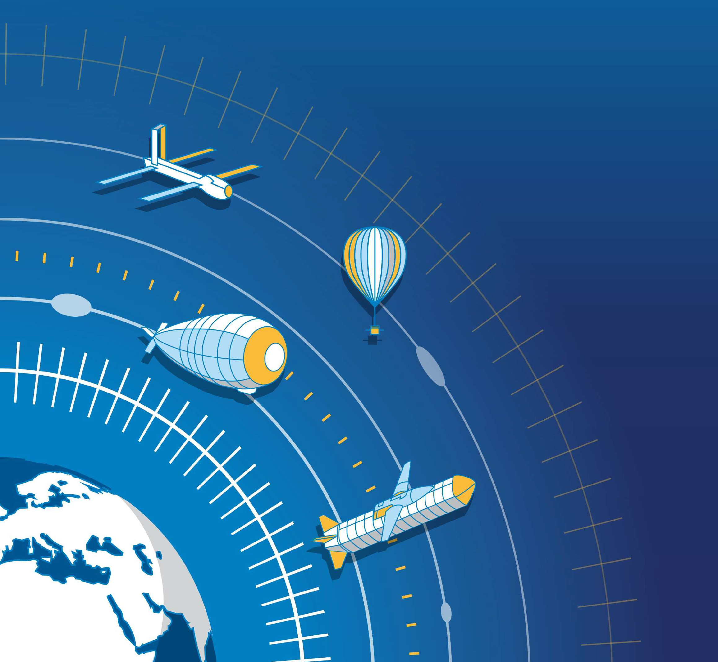Eine Abbildung, die Symbole von Flugzeugen im oberen Luftraum zeigt.