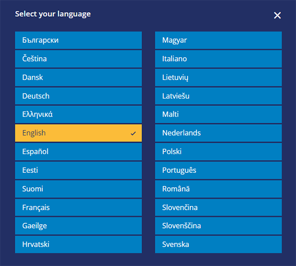 Pannello che mostra tutte le 24 lingue disponibili 