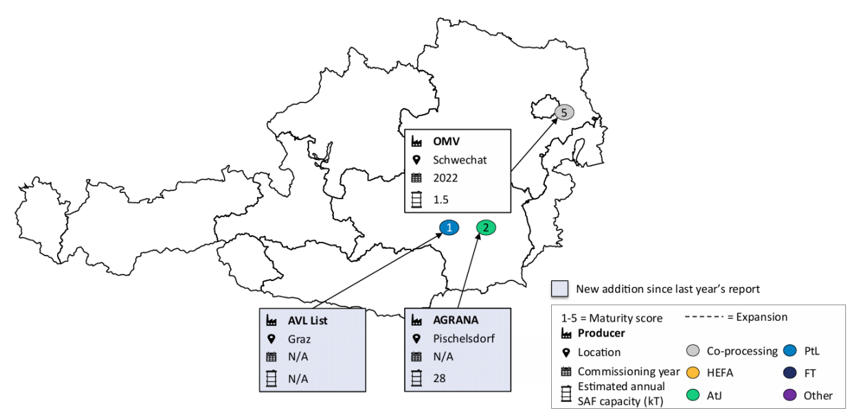 Map of SAF production facilities in Austria.