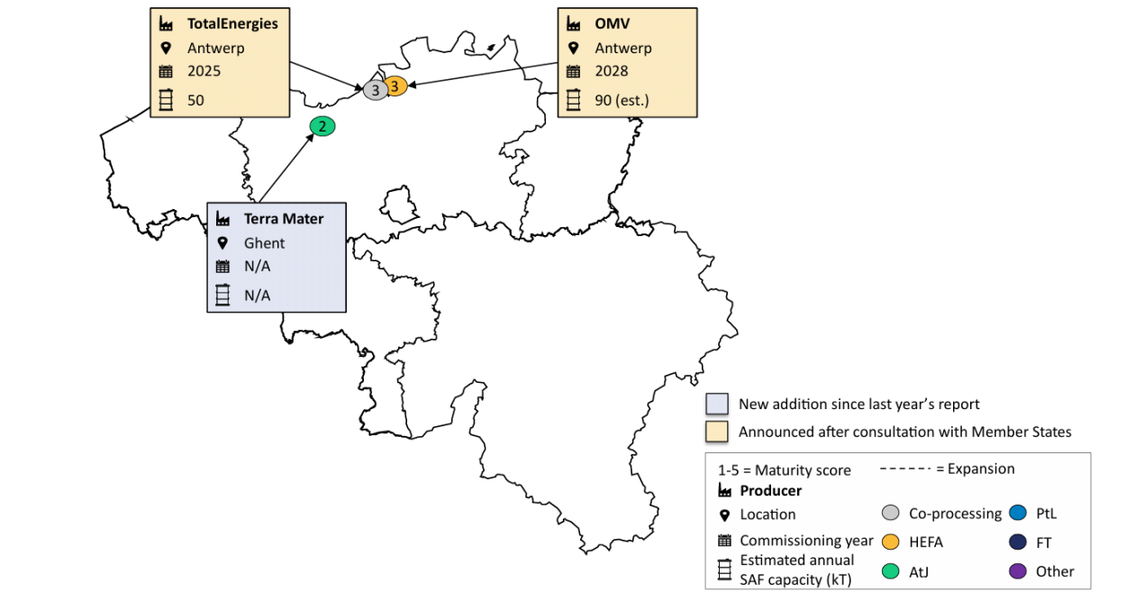 Map of SAF production facilities in Belgium.