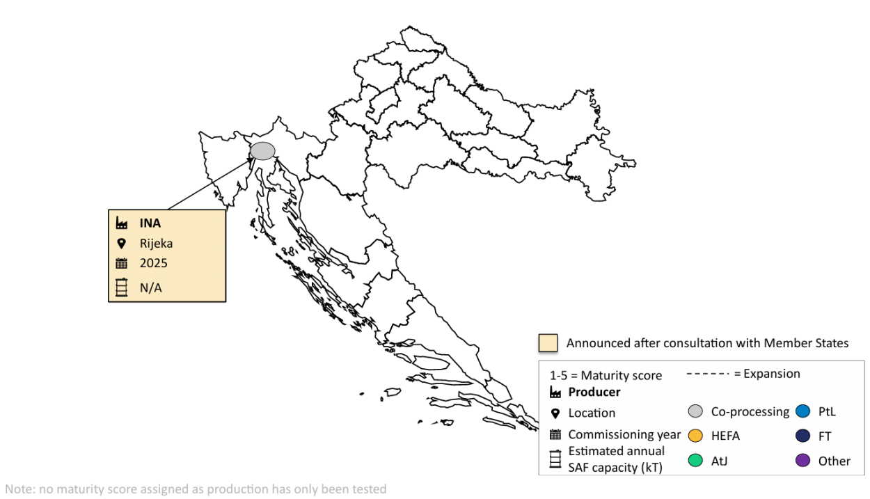 Map of SAF production facilities in Croatia.