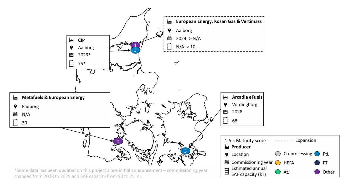 Map of SAF production facilities in Denmark.