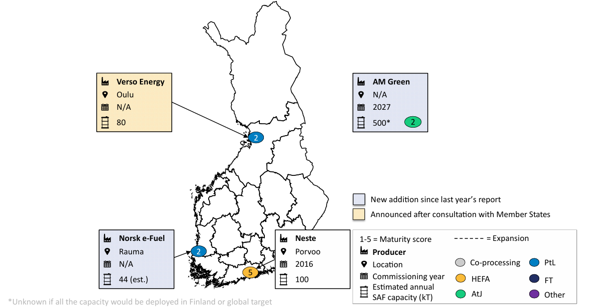 Map of SAF production facilities in Finland