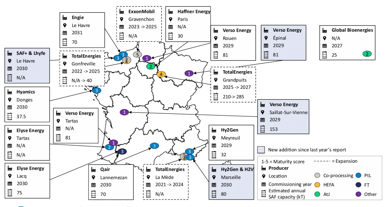 Map of SAF production facilities in France