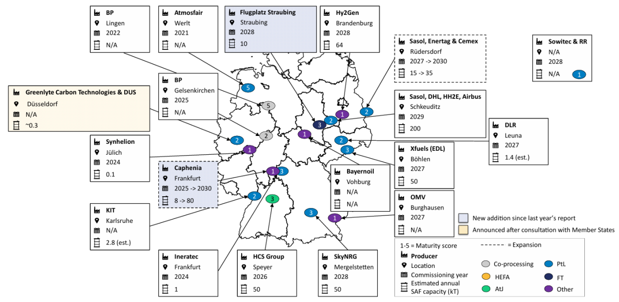 Map of SAF production facilities in Germany