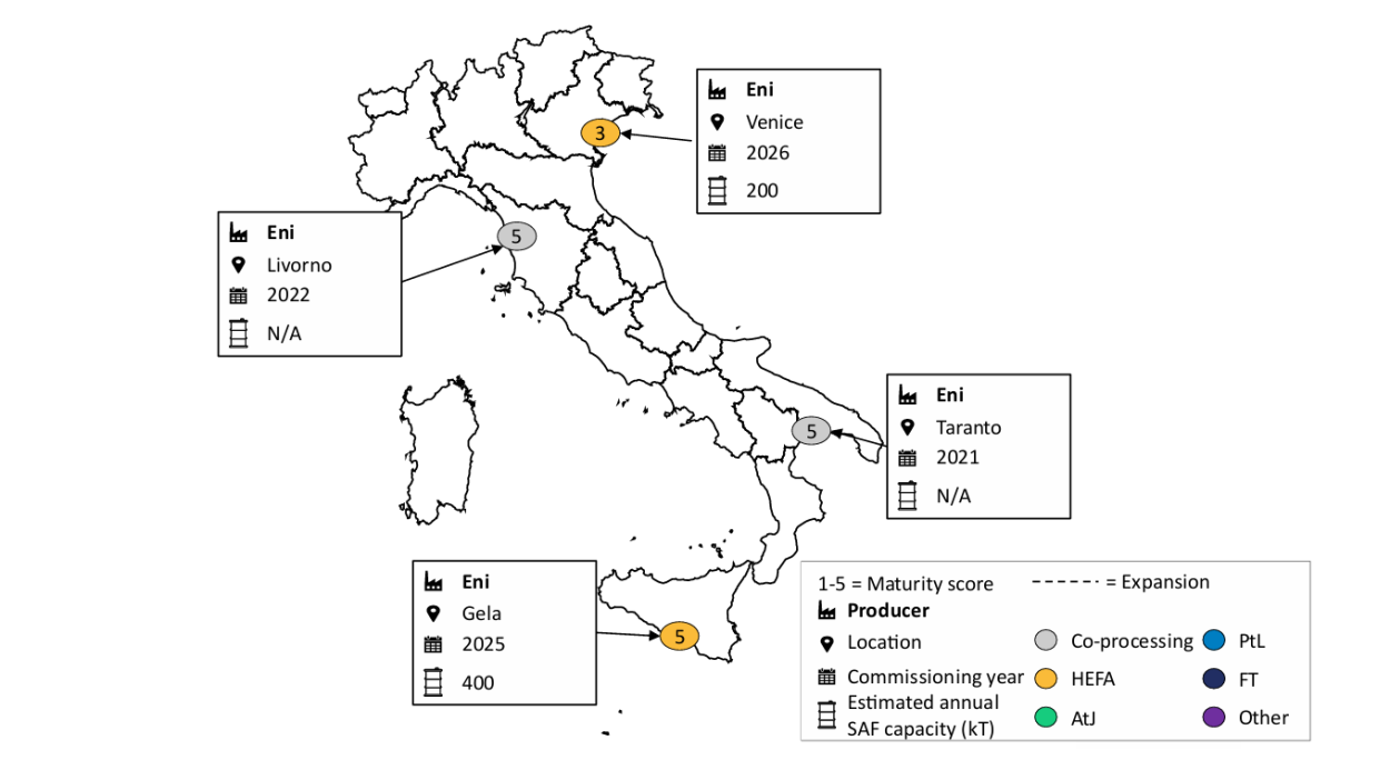 Map of SAF production facilities in Italy