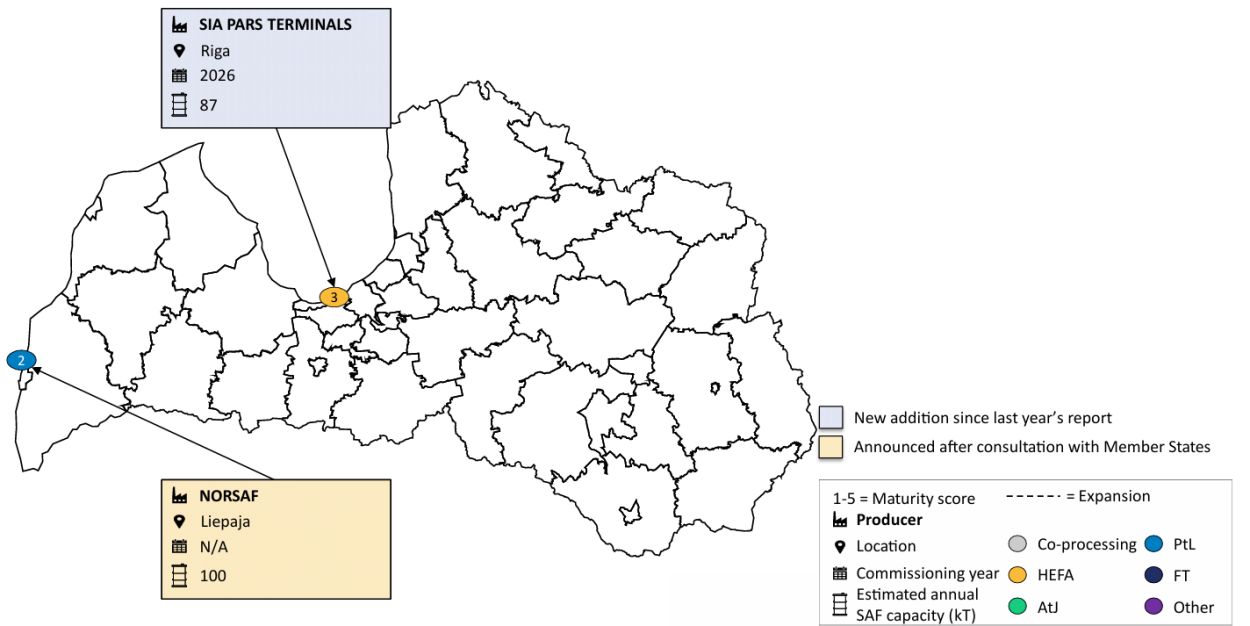 Map of SAF production facilities in Latvia