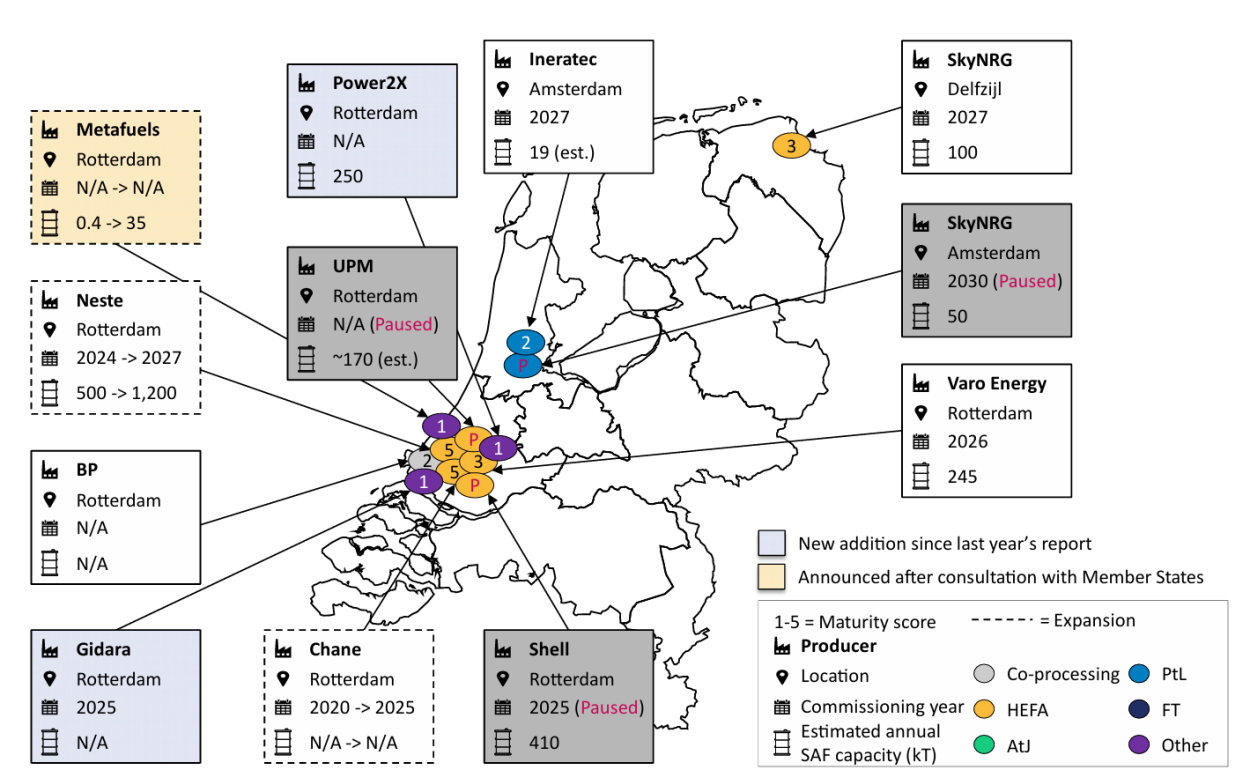 Map of SAF production facilities in the Netherlands
