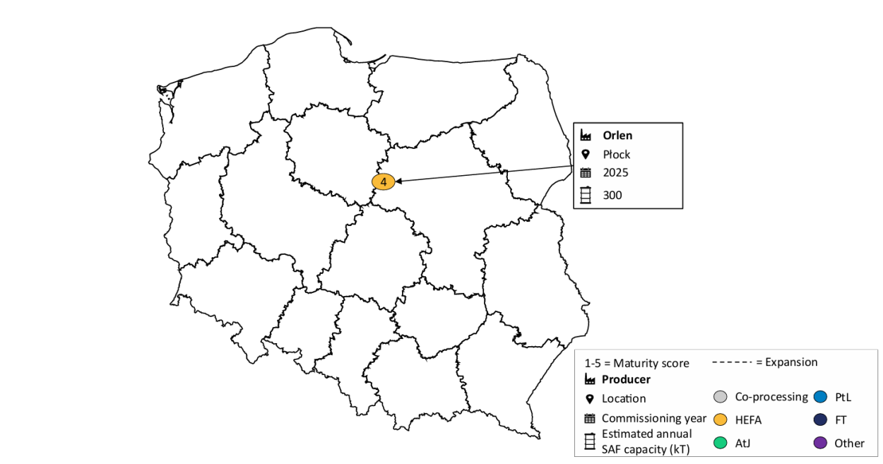Map of SAF production facilities in Poland