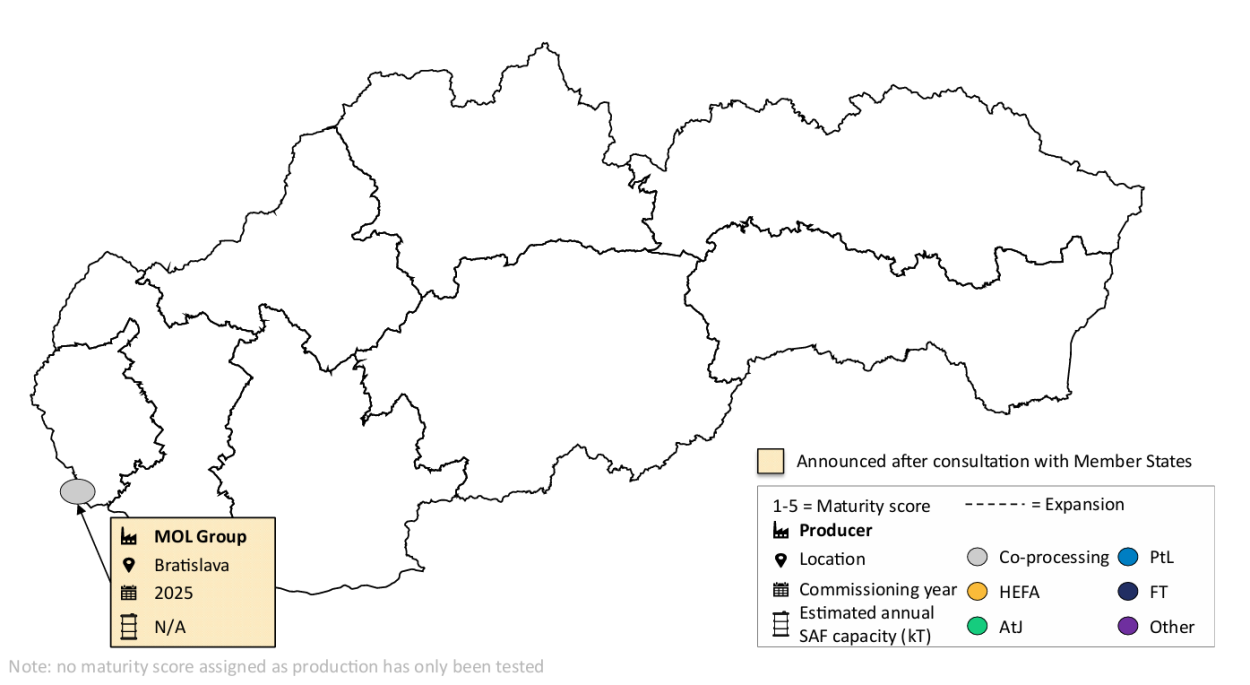 Map of SAF production facilities in Slovakia