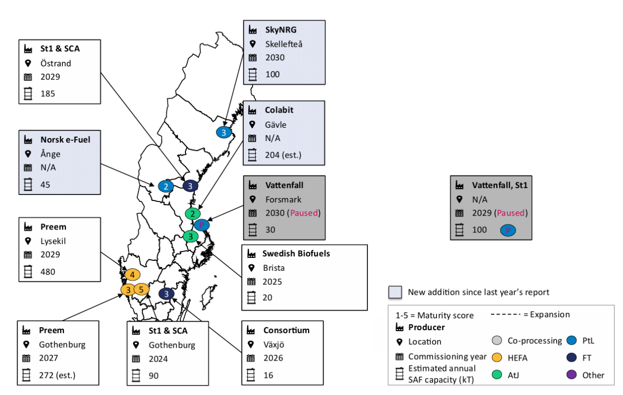 Map of SAF production facilities in Sweden