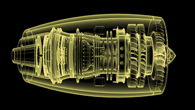 a wireframe view of an aircraft engine, in yellow tones on a black background