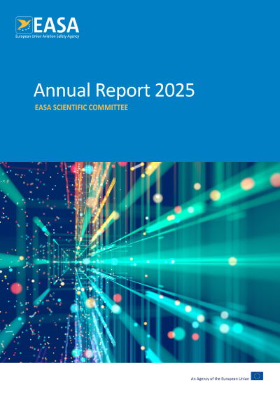 Cover page Annual Report 2025 title on a EASA medium blue background and half of the page colored image