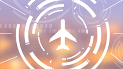 A white icon of an airplane