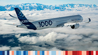 An aircraft flying over clouds, with mountains on the background.