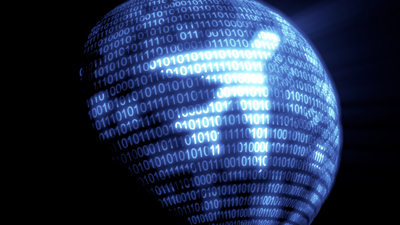 n aircraft shadow overlaying on a blue toned sphere made out of 1 and 0 to represent "cyber"