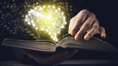 a neon glow brain emanating from an open book
